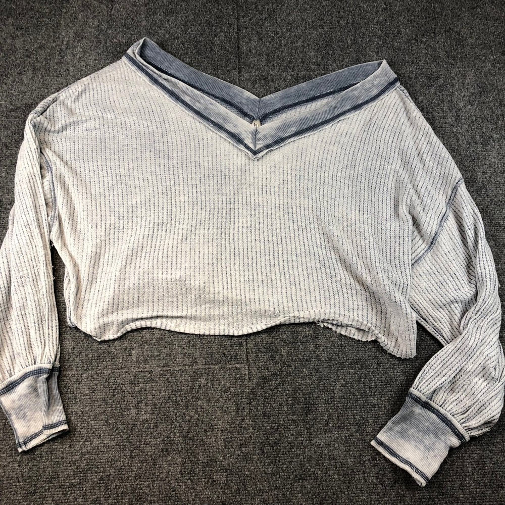 Seven 7 brand Womens‎ Crop Top Blue White Thermal Knit V Neck Long Sleeve